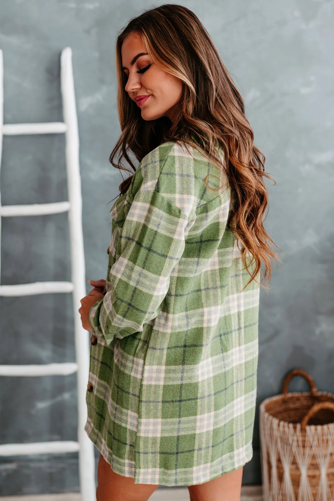 Social Occasions Plaid Button-Down Shacket (Green)