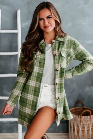 Social Occasions Plaid Button-Down Shacket (Green)