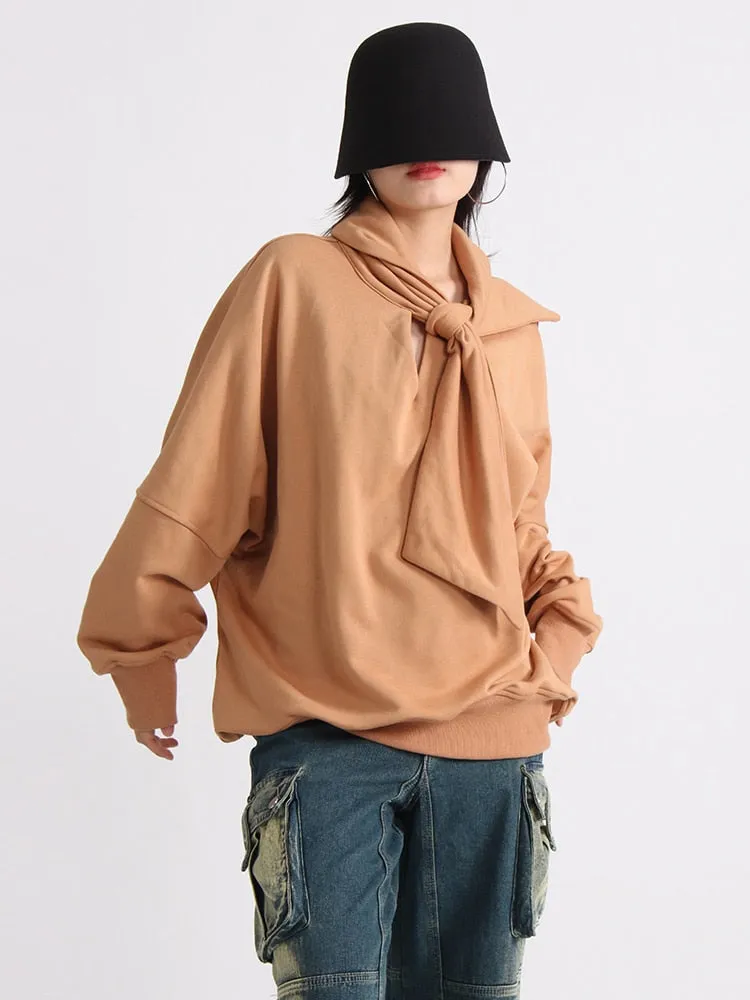 Solid Casual Sweatshirts For Women Scarf Collar Long Sleeve Loose Minimalist Sweatshirt Female Fashion Clothing