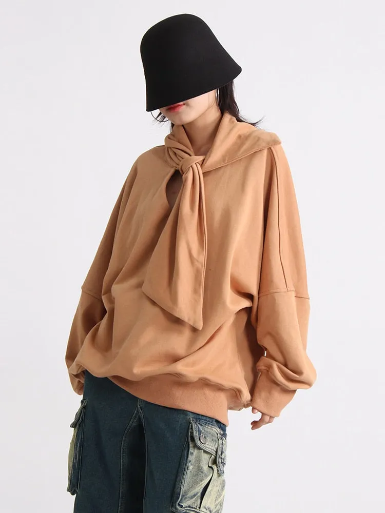 Solid Casual Sweatshirts For Women Scarf Collar Long Sleeve Loose Minimalist Sweatshirt Female Fashion Clothing