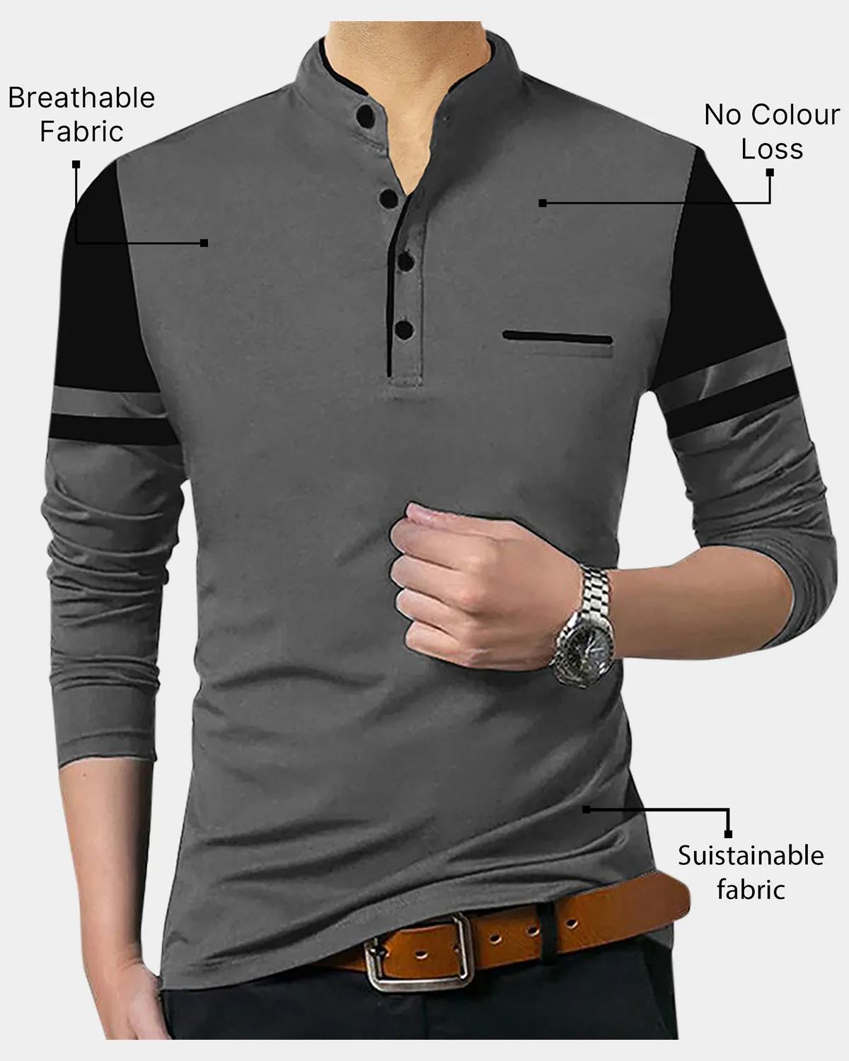 Solid Men Henley Collar t-Shirt / Darkgrey