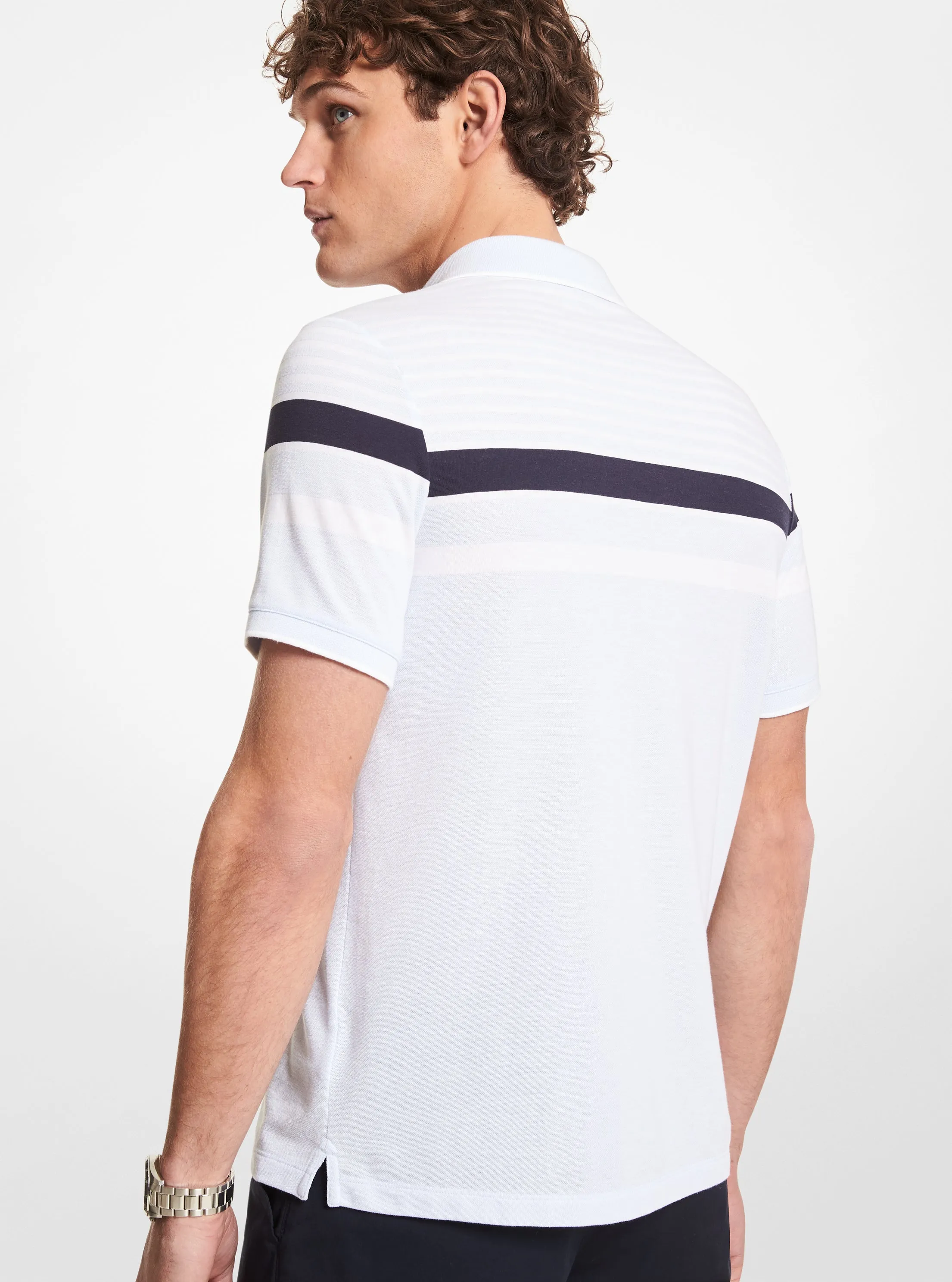 Striped Birdseye Cotton Blend Polo Shirt