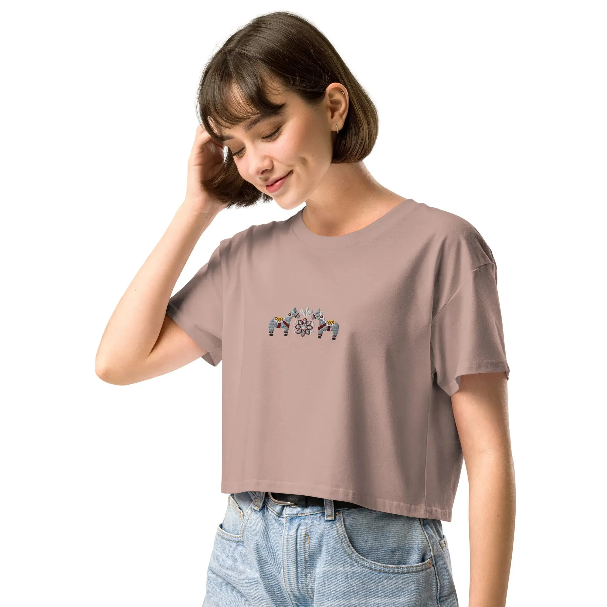 Swedish Gray Dala Horse Embroidered Cropped T-Shirt