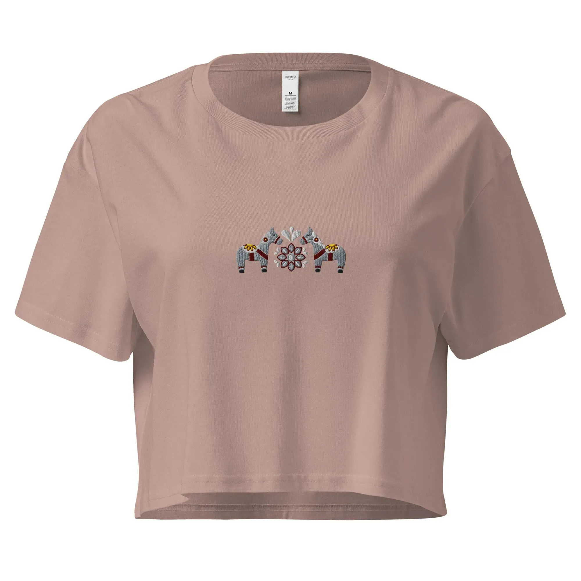 Swedish Gray Dala Horse Embroidered Cropped T-Shirt