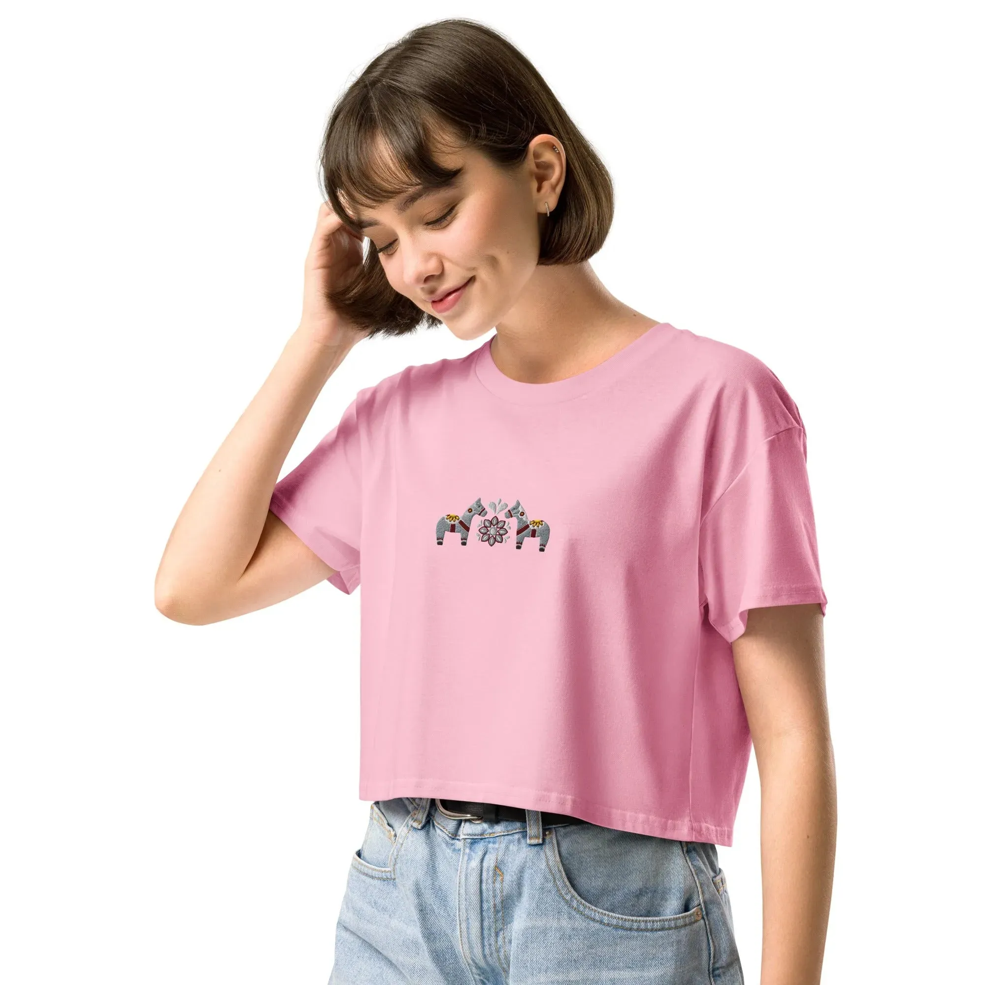 Swedish Gray Dala Horse Embroidered Cropped T-Shirt