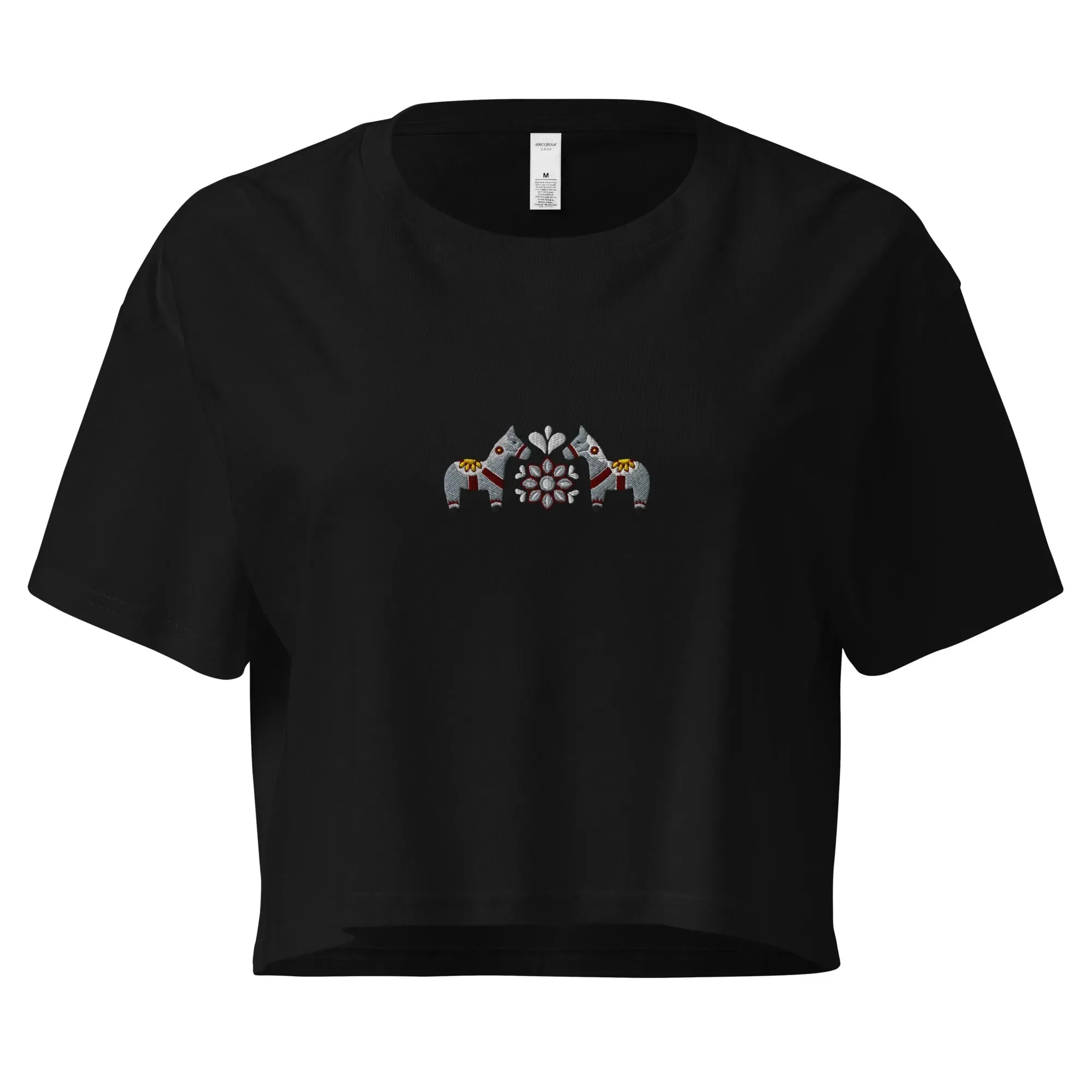 Swedish Gray Dala Horse Embroidered Cropped T-Shirt