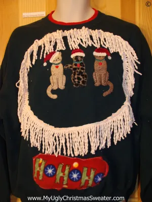 Tacky Christmas Sweatshirt Santa Cats and Fringe