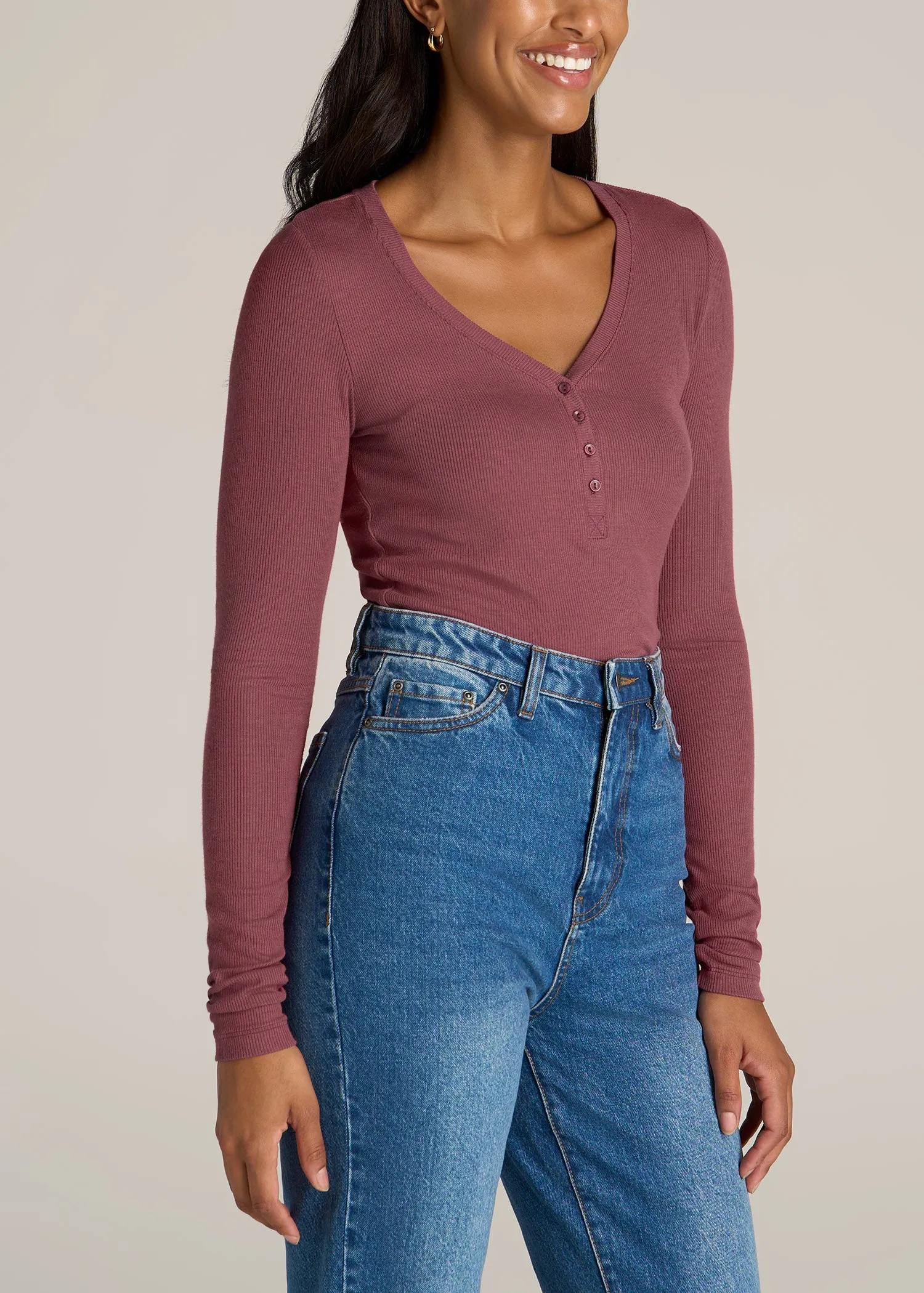 Tall Women's FITTED Ribbed Long Sleeve Henley in Astro Dust