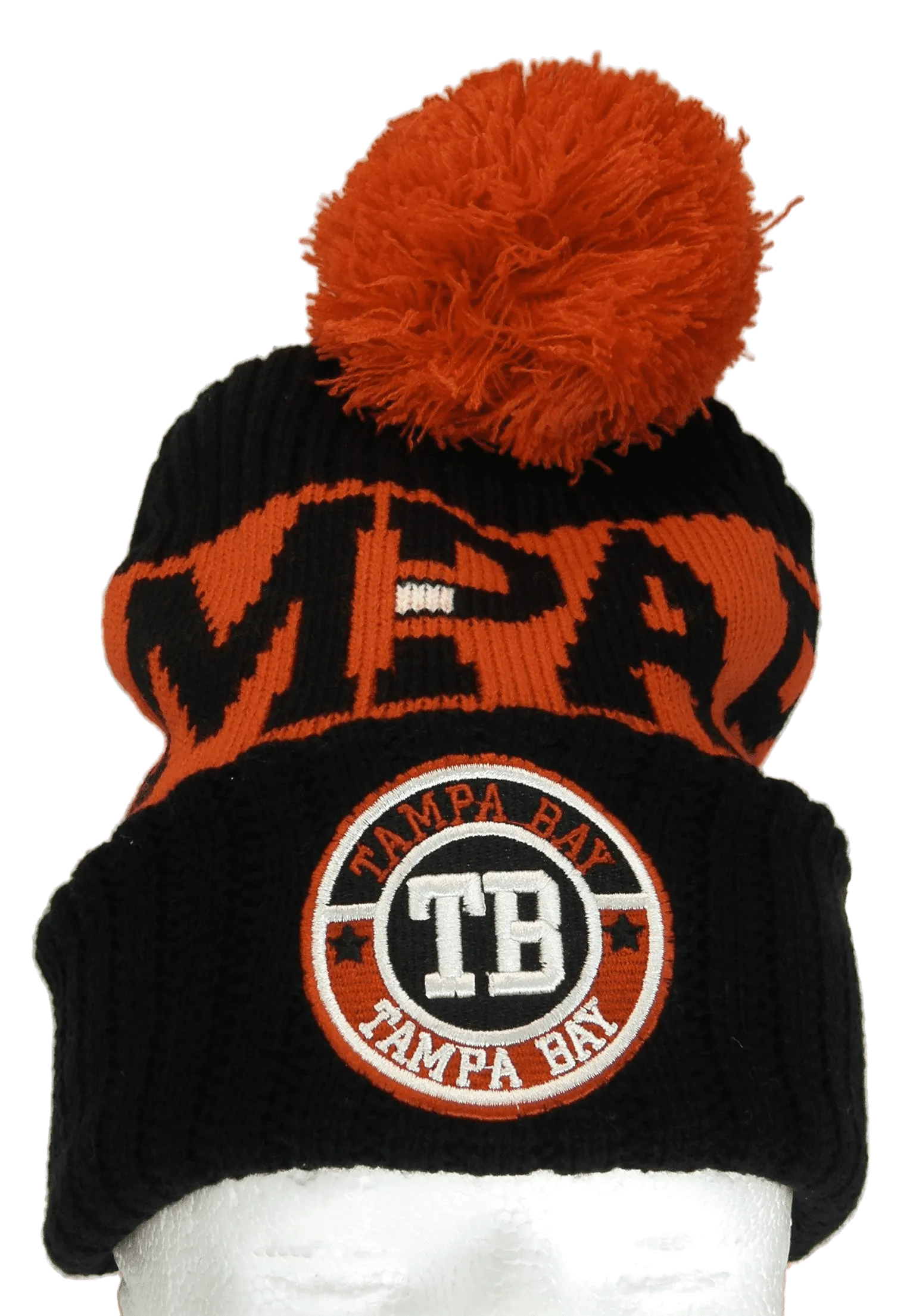 Tampa Bay City Name Three Stripe Circular Patch Pom Beanie Winter Hat (Black/Red)