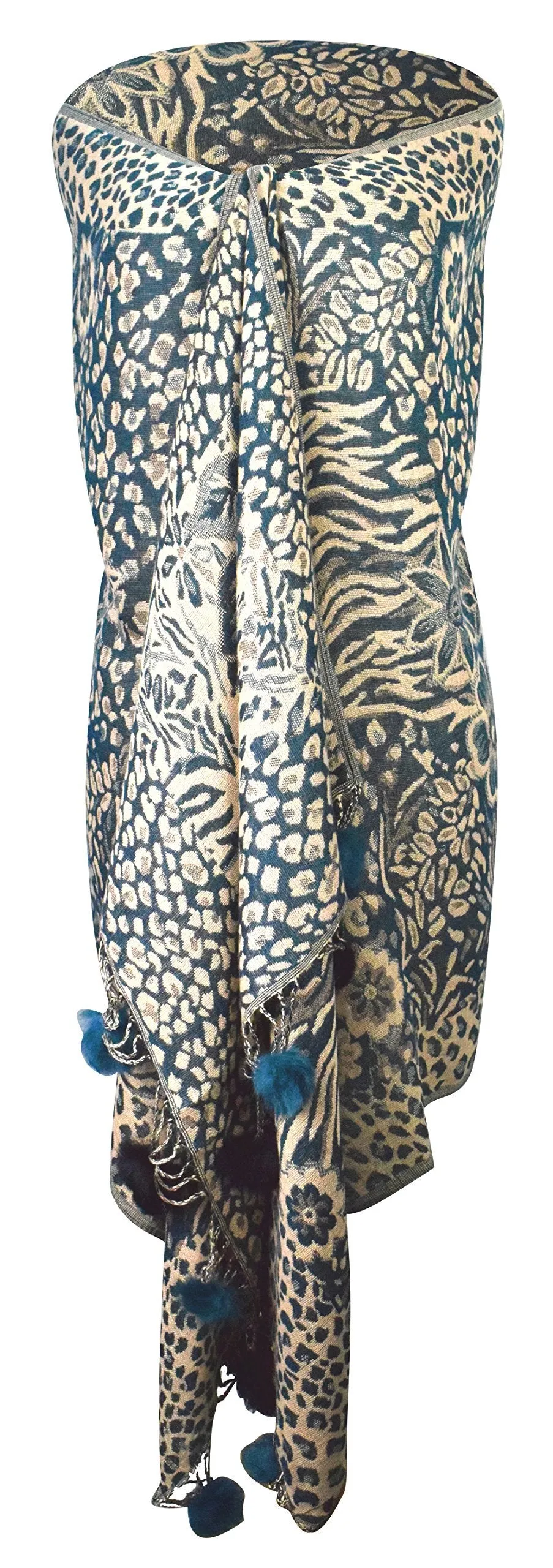 Teal Women's Retro Style Warm Floral Animal Print Pashmina Scarf with Faux Fur Poms