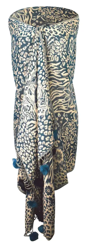 Teal Women's Retro Style Warm Floral Animal Print Pashmina Scarf with Faux Fur Poms