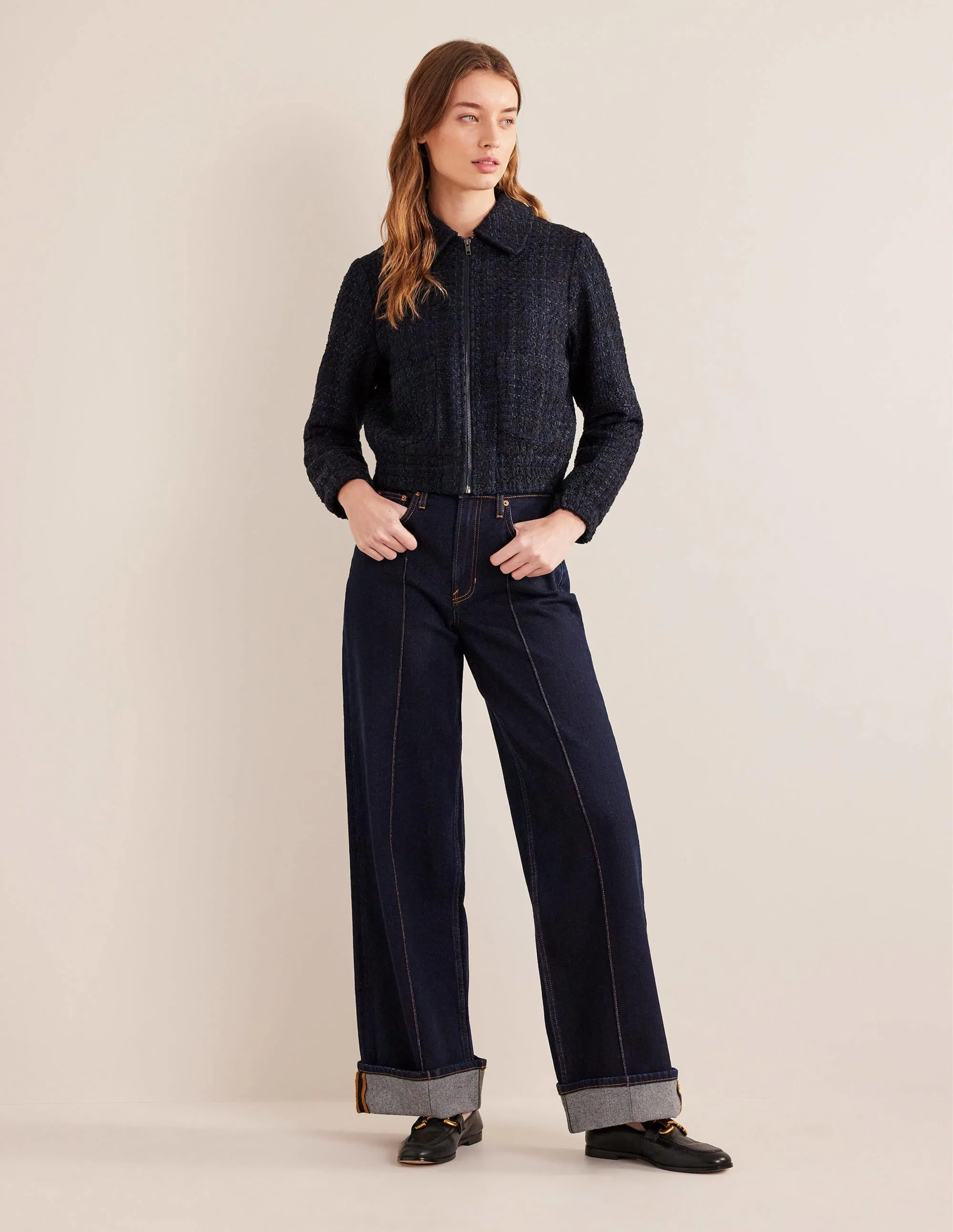 Textured Zip Through Jacket-Navy
