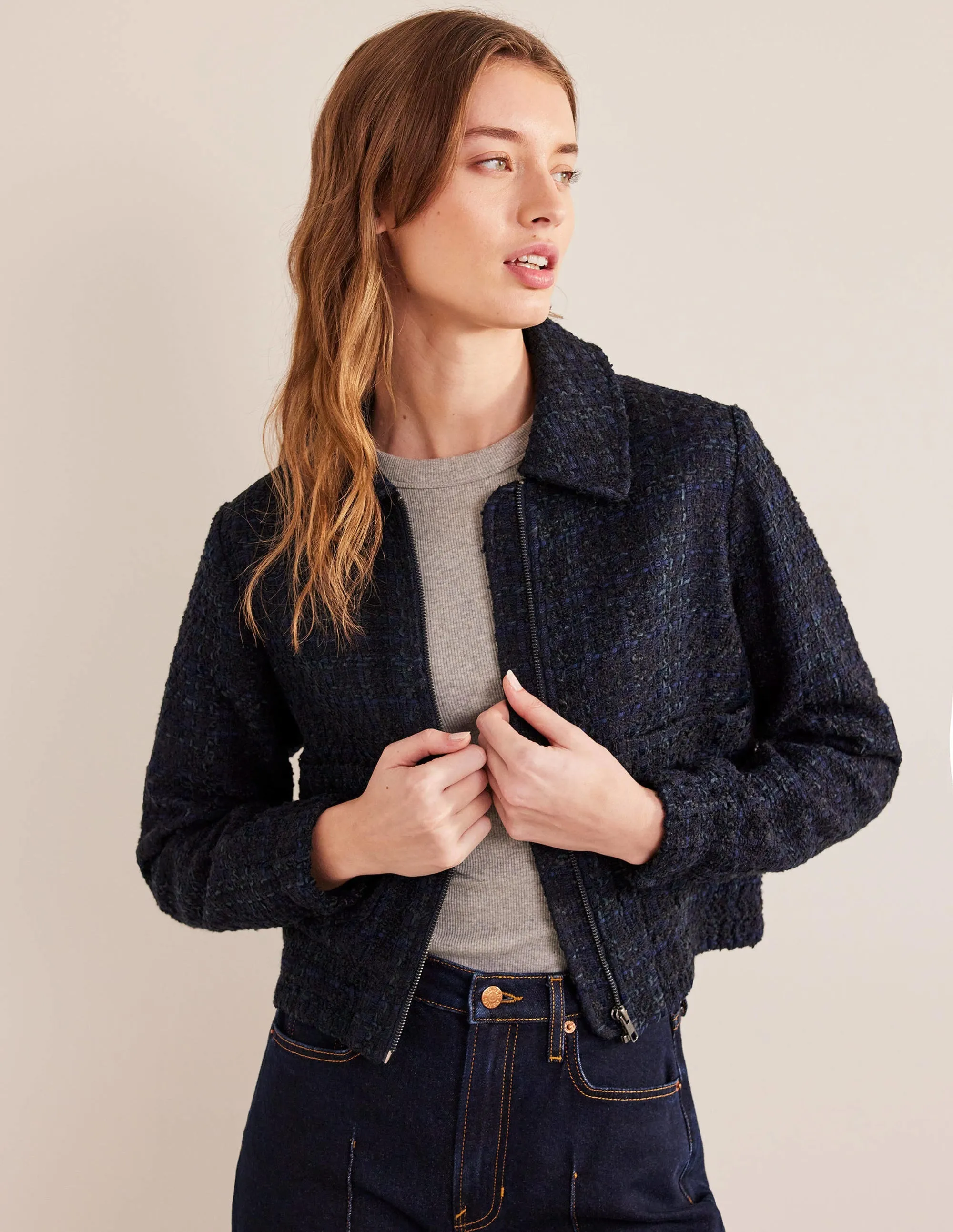 Textured Zip Through Jacket-Navy