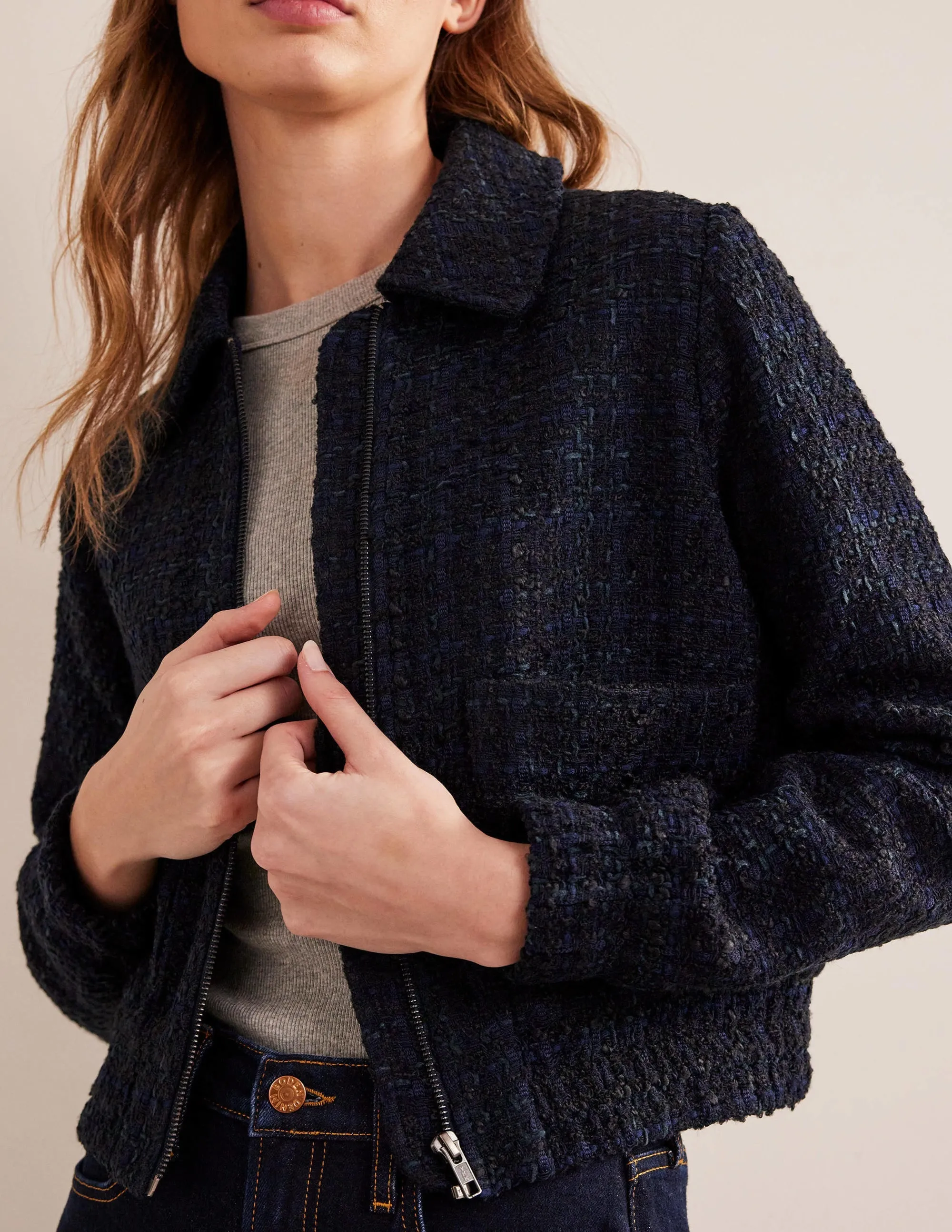 Textured Zip Through Jacket-Navy
