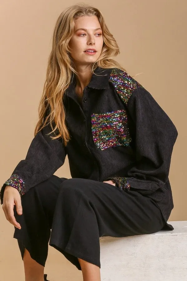 Umgee Black Shacket with Sequin Details-FINAL SALE