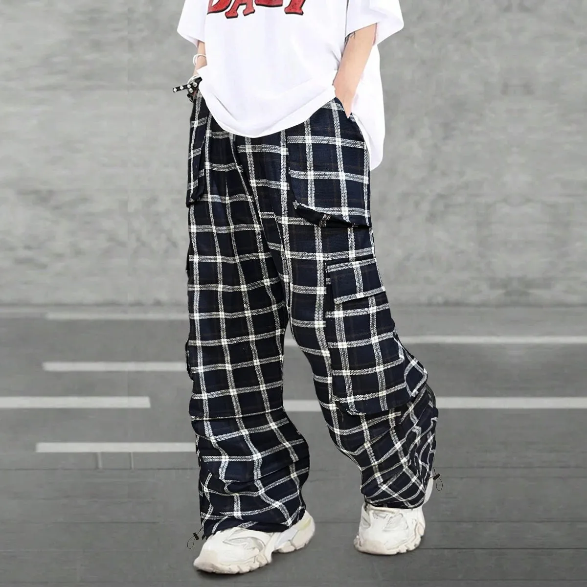 Unisex Dark NavyBlue Checkered Cargo Pants – Baggy Parachute Style for Men & Women