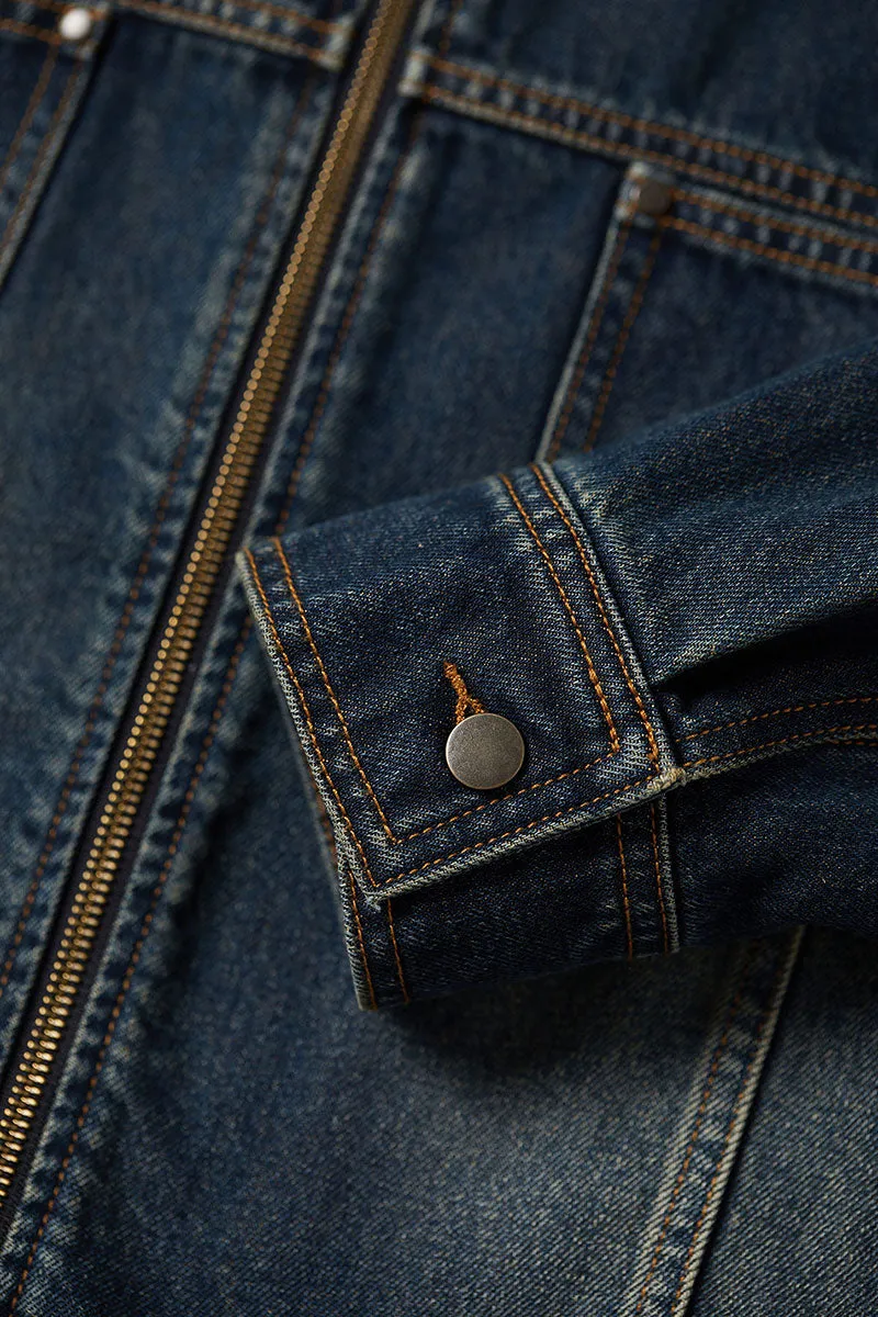 Vintage Cropped Zip-Up Denim Boxy Jacket with Pockets