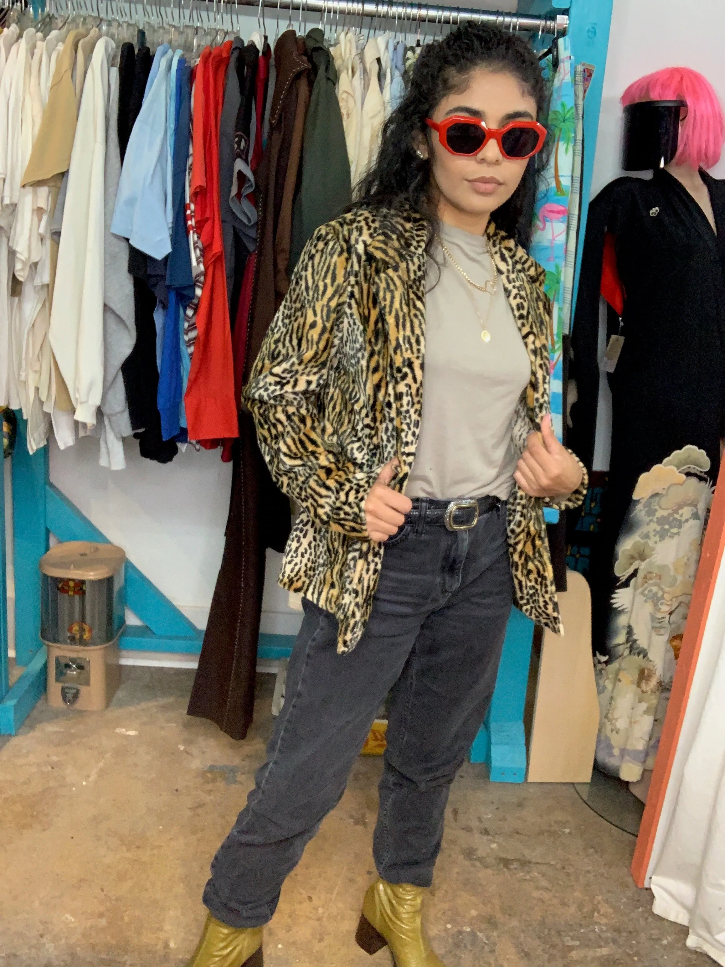 Vintage70s 80s | Faux Fur Leopard Print Glam Jacket Bohemian Pinup Mod | SM