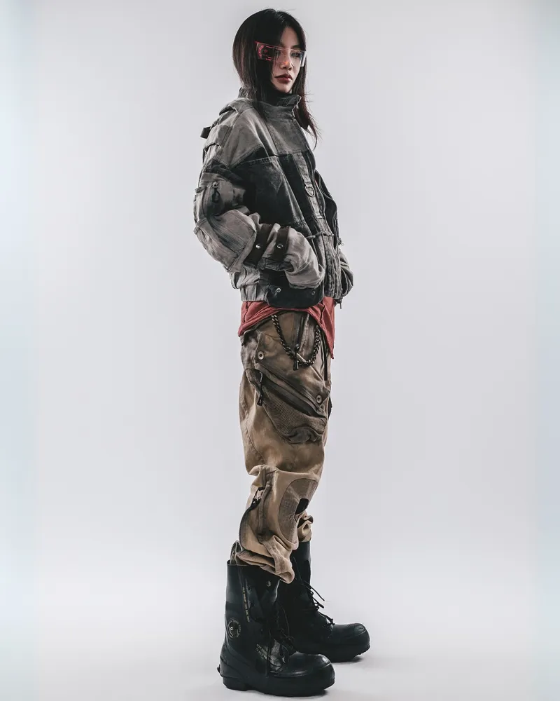 Wasteland Wear Mech Multi-Pocket Washed Distressed Casual Pants