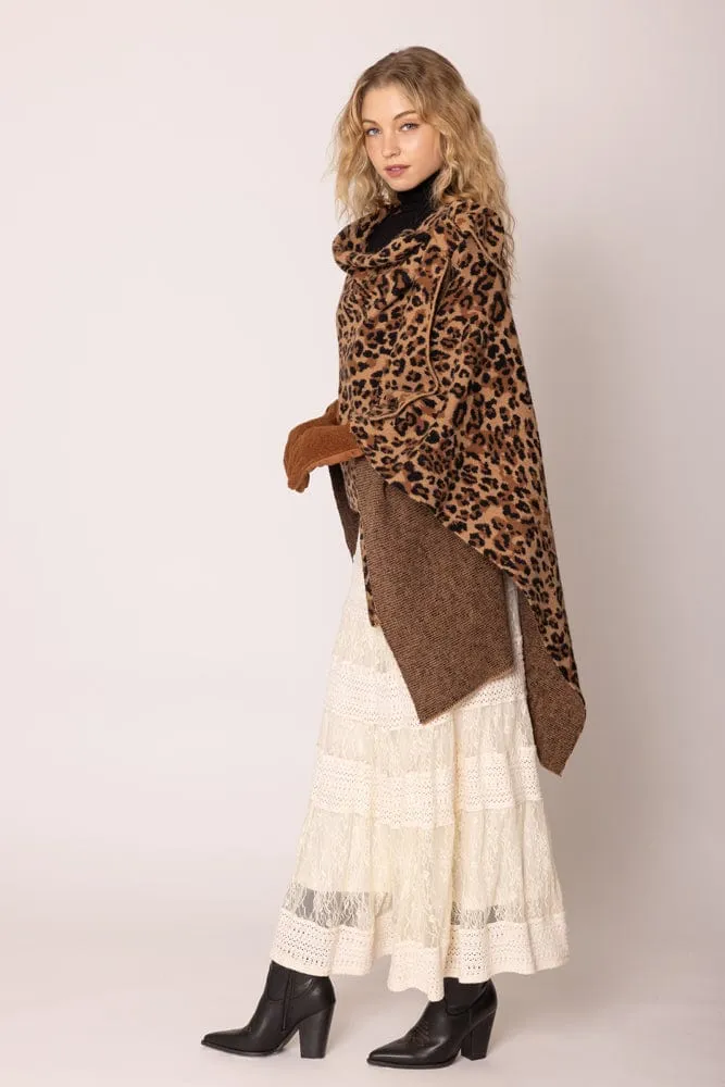WCR420045 Leopard Knit Ruana With Shoulder strap