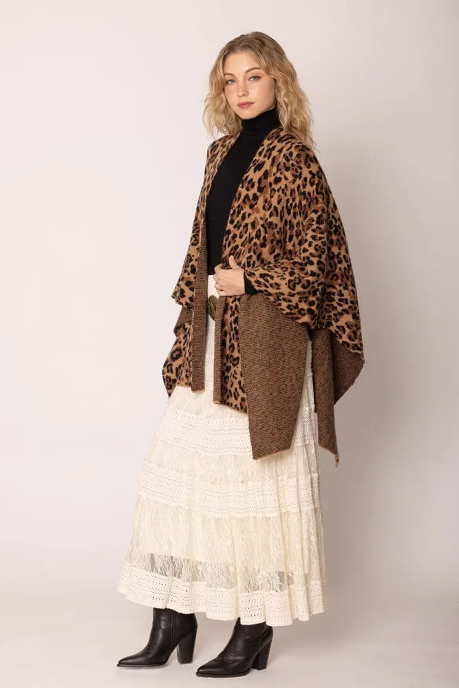 WCR420045 Leopard Knit Ruana With Shoulder strap