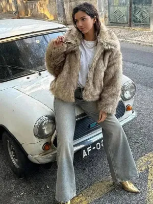 Wenkouban-Winter outfits Christmas Apricot Large Lapel Zip-Up Fluffy Faux Fur Short Coat