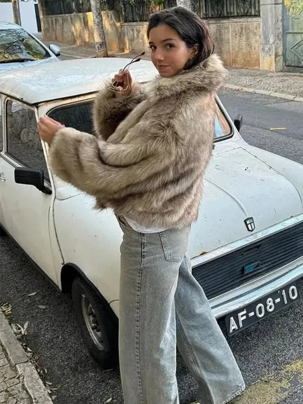 Wenkouban-Winter outfits Christmas Apricot Large Lapel Zip-Up Fluffy Faux Fur Short Coat
