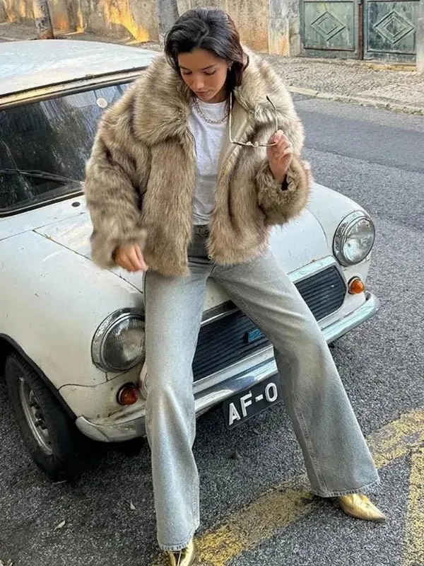Wenkouban-Winter outfits Christmas Apricot Large Lapel Zip-Up Fluffy Faux Fur Short Coat