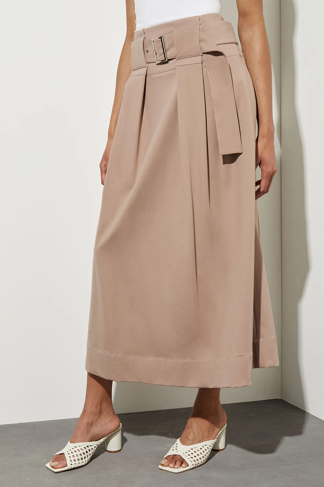 Wide Buckle A-Line Midi Skirt - Stretch Ponte, Java