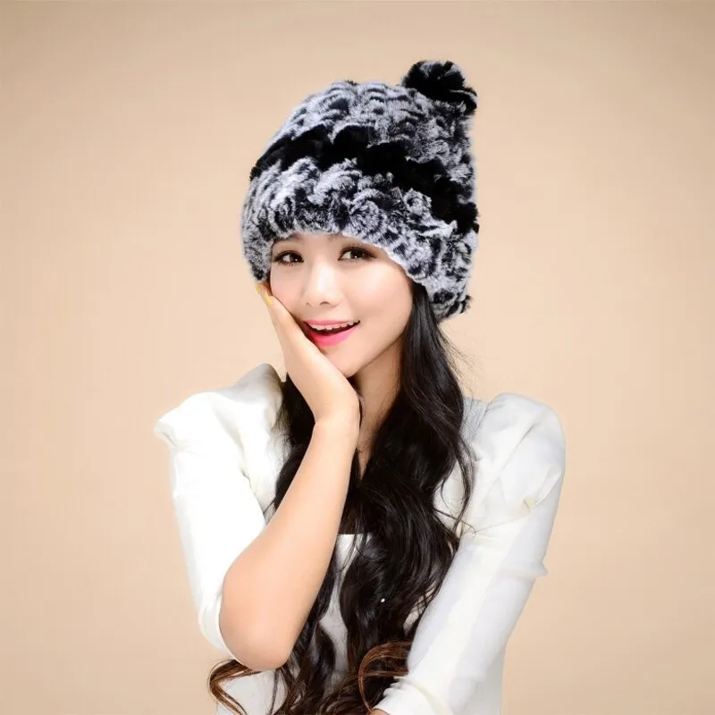 Winter Hat with Ear Flaps Knitted Real REX Rabbit Fur Hat Cute Cat Beanie Winter Fur Cap Headgear Head Warmer Headdress FS14613