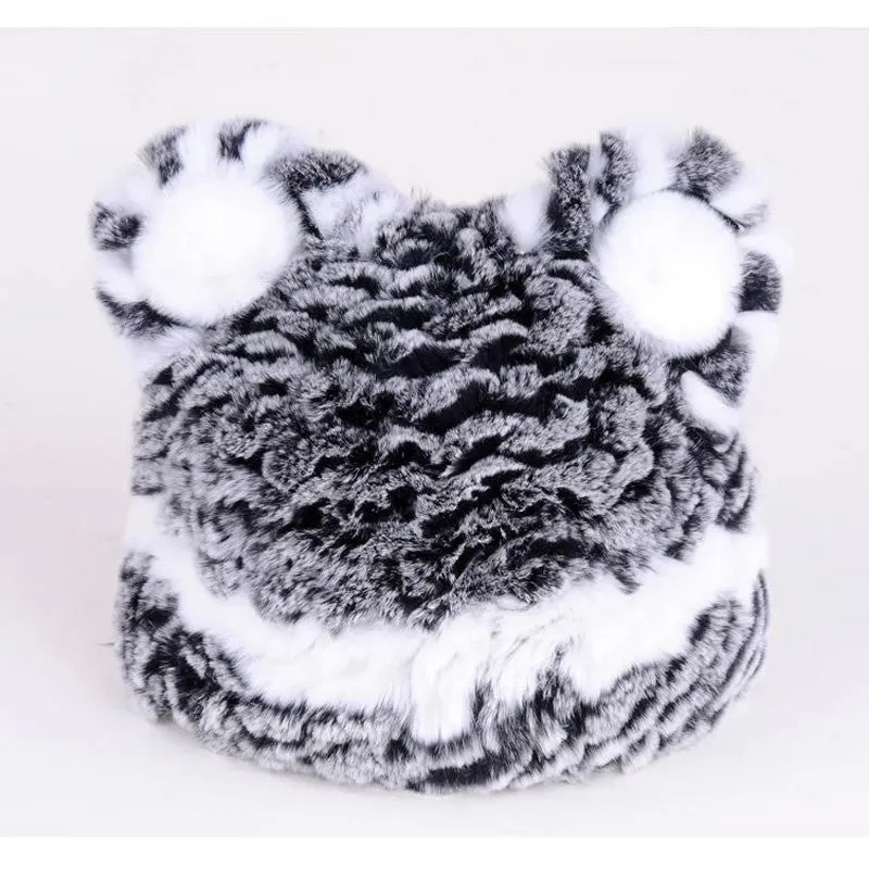 Winter Hat with Ear Flaps Knitted Real REX Rabbit Fur Hat Cute Cat Beanie Winter Fur Cap Headgear Head Warmer Headdress FS14613