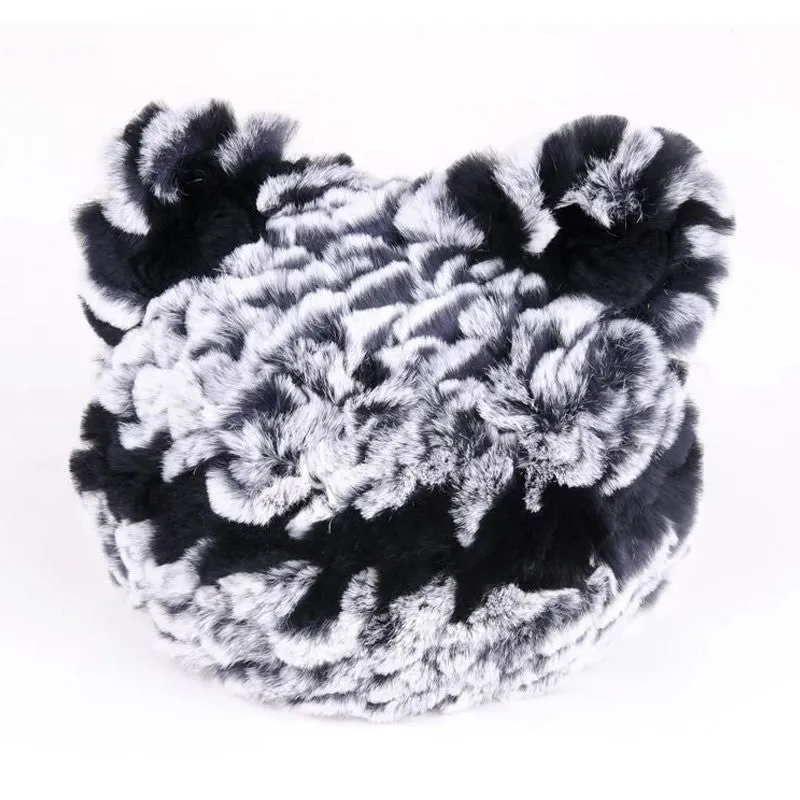 Winter Hat with Ear Flaps Knitted Real REX Rabbit Fur Hat Cute Cat Beanie Winter Fur Cap Headgear Head Warmer Headdress FS14613