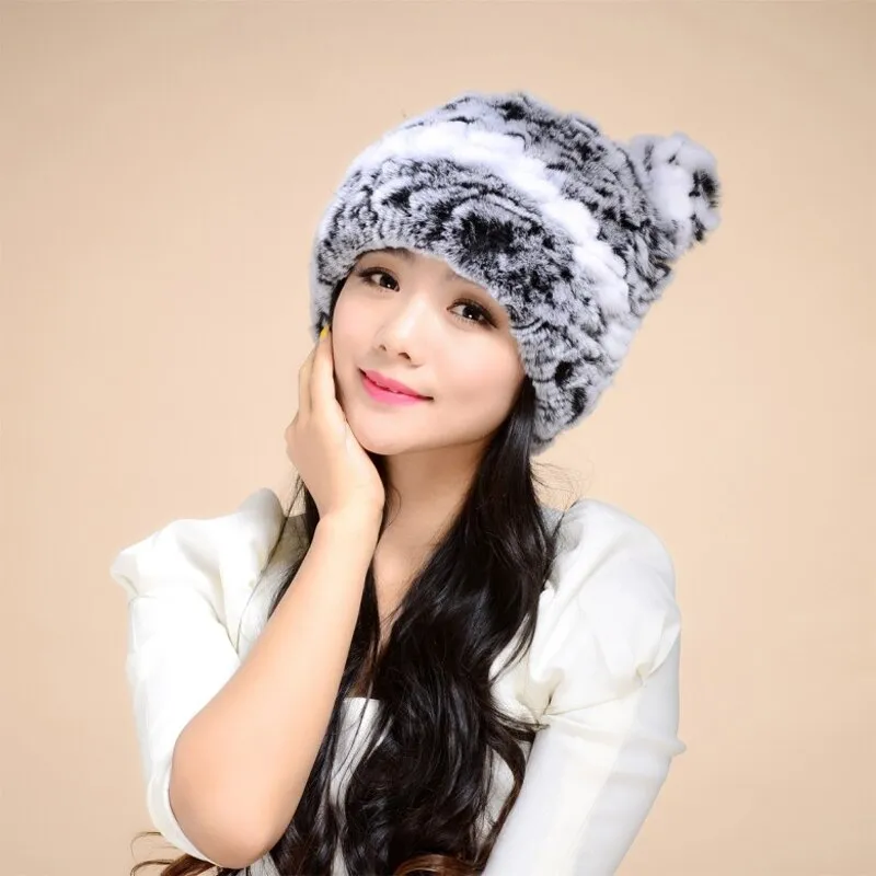 Winter Hat with Ear Flaps Knitted Real REX Rabbit Fur Hat Cute Cat Beanie Winter Fur Cap Headgear Head Warmer Headdress FS14613