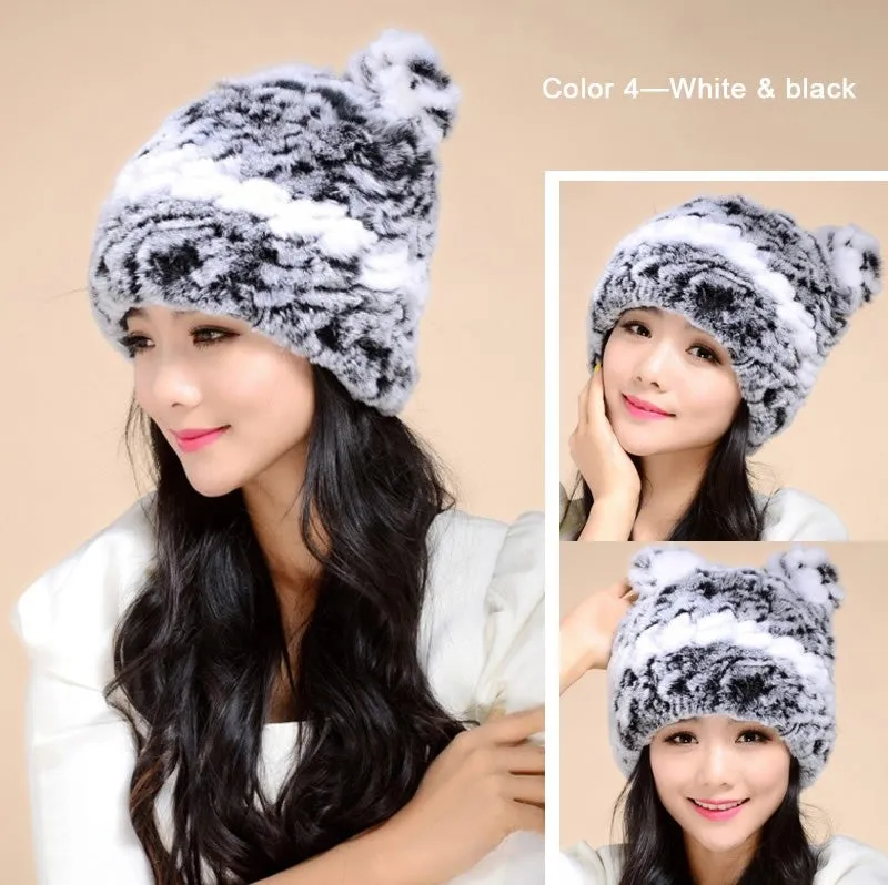 Winter Hat with Ear Flaps Knitted Real REX Rabbit Fur Hat Cute Cat Beanie Winter Fur Cap Headgear Head Warmer Headdress FS14613