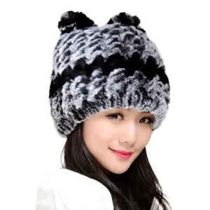 Winter Hat with Ear Flaps Knitted Real REX Rabbit Fur Hat Cute Cat Beanie Winter Fur Cap Headgear Head Warmer Headdress FS14613
