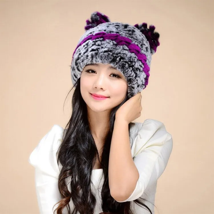 Winter Hat with Ear Flaps Knitted Real REX Rabbit Fur Hat Cute Cat Beanie Winter Fur Cap Headgear Head Warmer Headdress FS14613