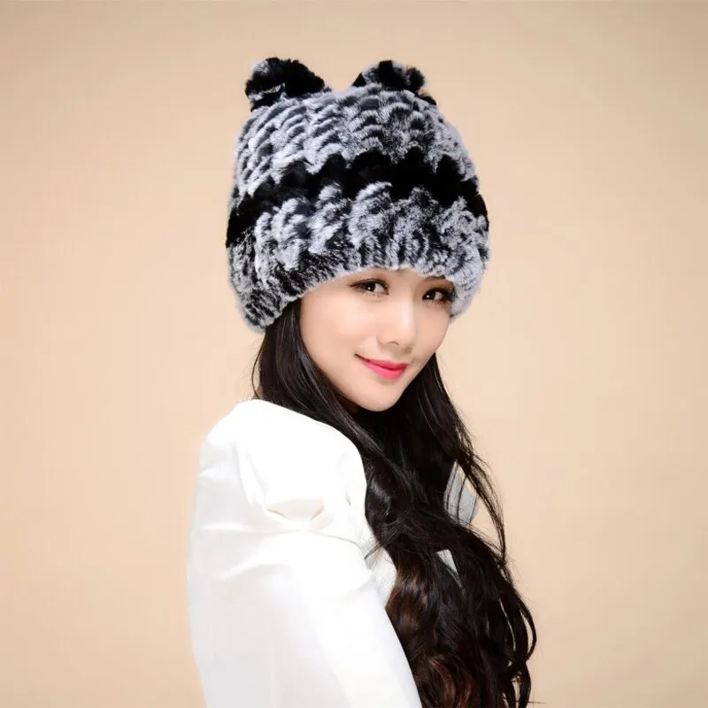 Winter Hat with Ear Flaps Knitted Real REX Rabbit Fur Hat Cute Cat Beanie Winter Fur Cap Headgear Head Warmer Headdress FS14613