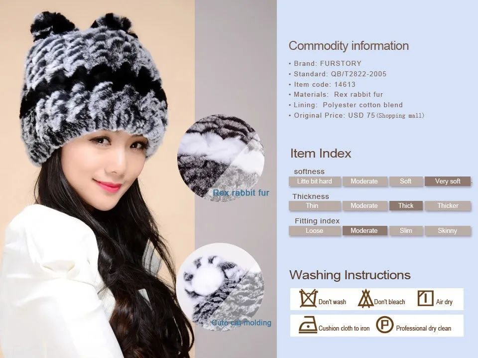 Winter Hat with Ear Flaps Knitted Real REX Rabbit Fur Hat Cute Cat Beanie Winter Fur Cap Headgear Head Warmer Headdress FS14613