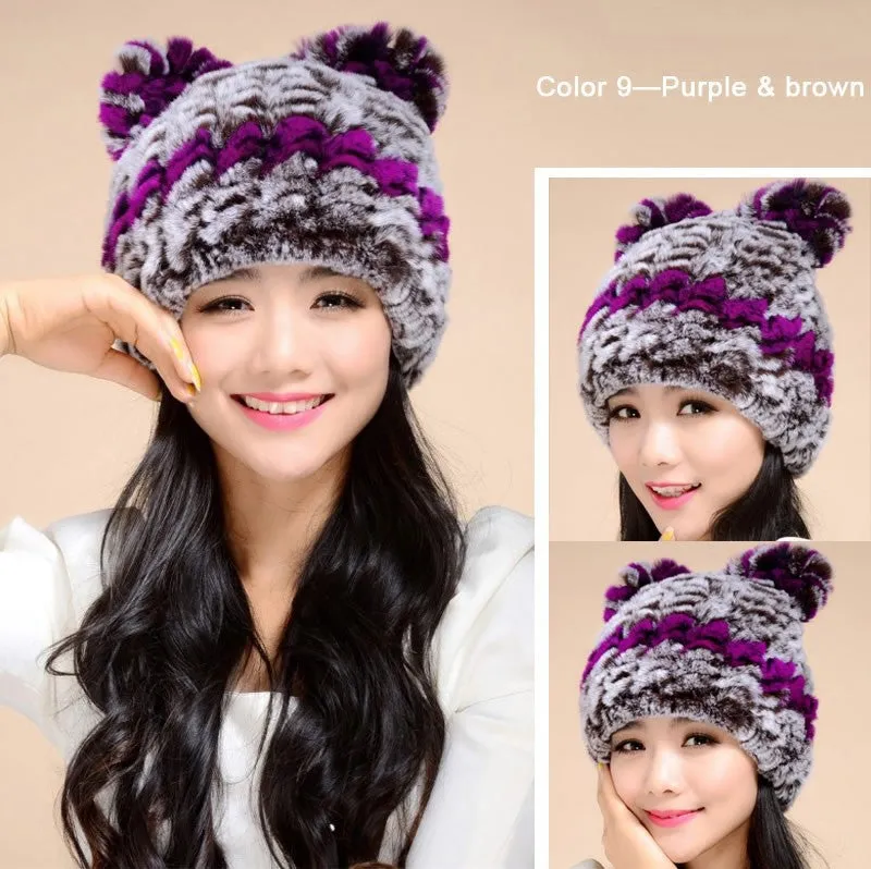 Winter Hat with Ear Flaps Knitted Real REX Rabbit Fur Hat Cute Cat Beanie Winter Fur Cap Headgear Head Warmer Headdress FS14613