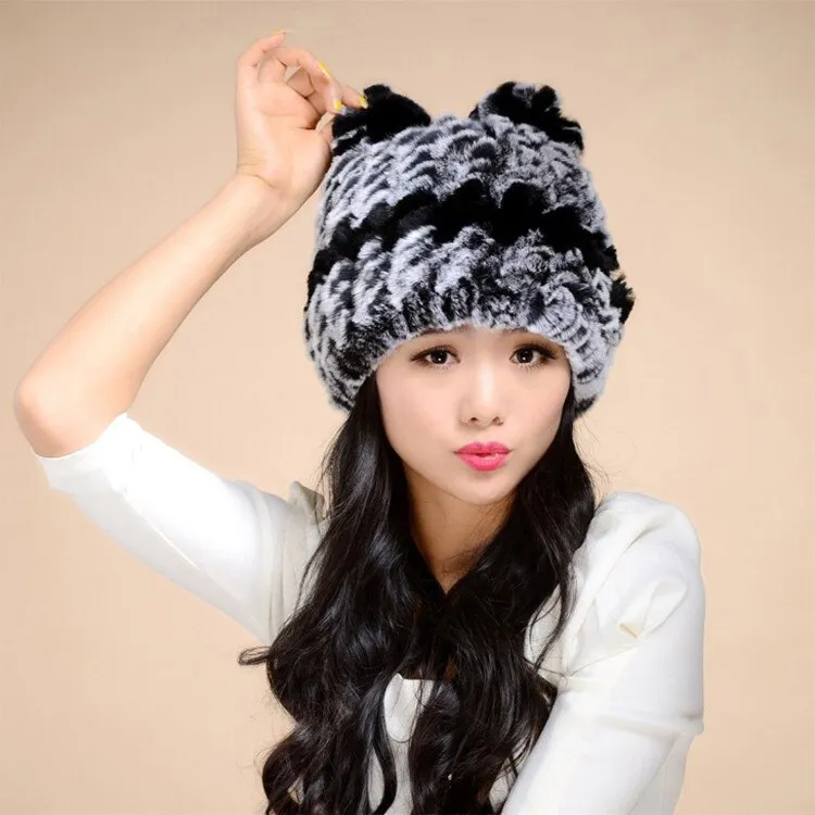 Winter Hat with Ear Flaps Knitted Real REX Rabbit Fur Hat Cute Cat Beanie Winter Fur Cap Headgear Head Warmer Headdress FS14613