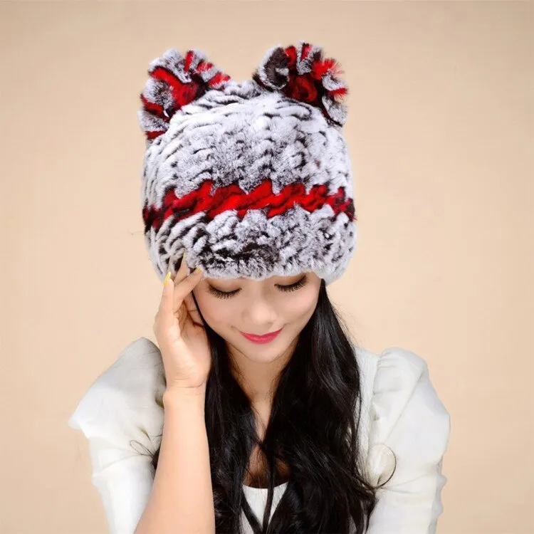Winter Hat with Ear Flaps Knitted Real REX Rabbit Fur Hat Cute Cat Beanie Winter Fur Cap Headgear Head Warmer Headdress FS14613