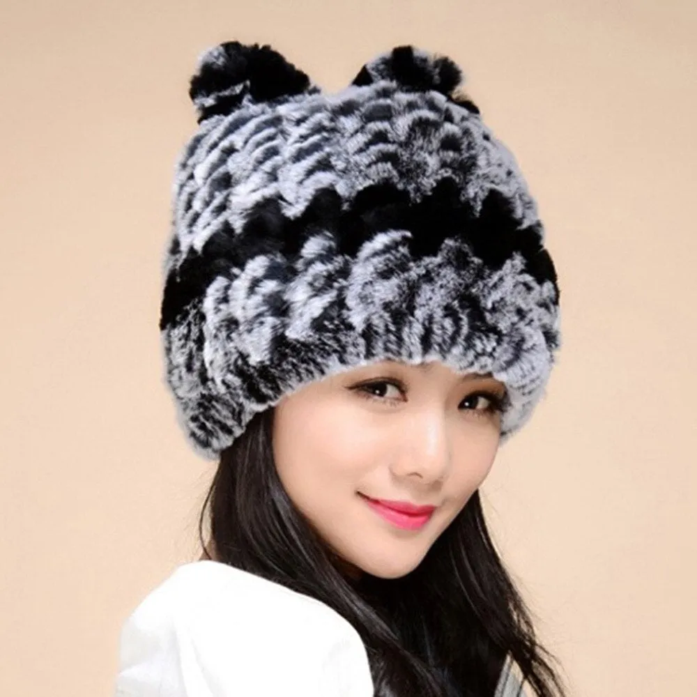 Winter Hat with Ear Flaps Knitted Real REX Rabbit Fur Hat Cute Cat Beanie Winter Fur Cap Headgear Head Warmer Headdress FS14613