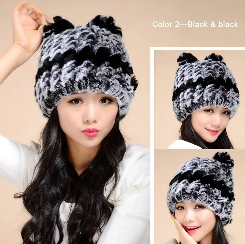 Winter Hat with Ear Flaps Knitted Real REX Rabbit Fur Hat Cute Cat Beanie Winter Fur Cap Headgear Head Warmer Headdress FS14613