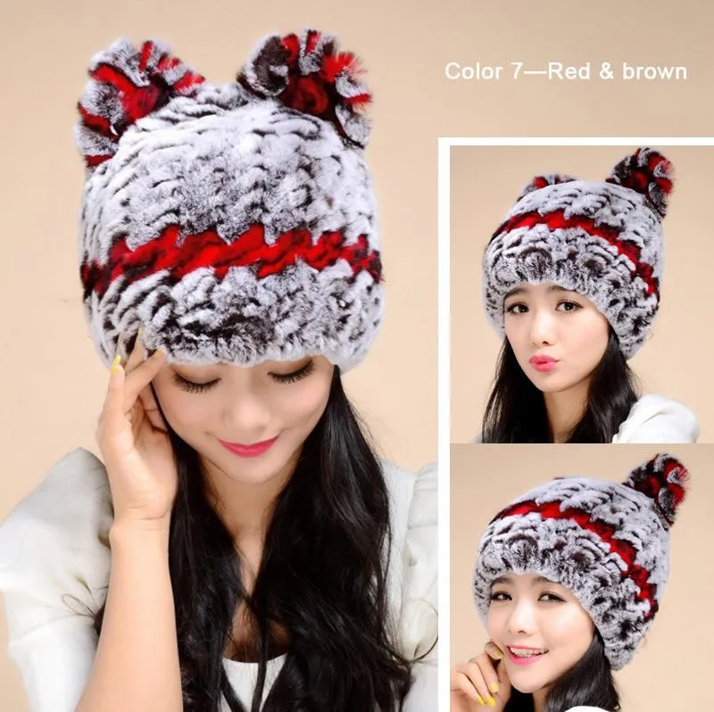 Winter Hat with Ear Flaps Knitted Real REX Rabbit Fur Hat Cute Cat Beanie Winter Fur Cap Headgear Head Warmer Headdress FS14613