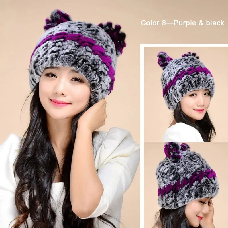 Winter Hat with Ear Flaps Knitted Real REX Rabbit Fur Hat Cute Cat Beanie Winter Fur Cap Headgear Head Warmer Headdress FS14613