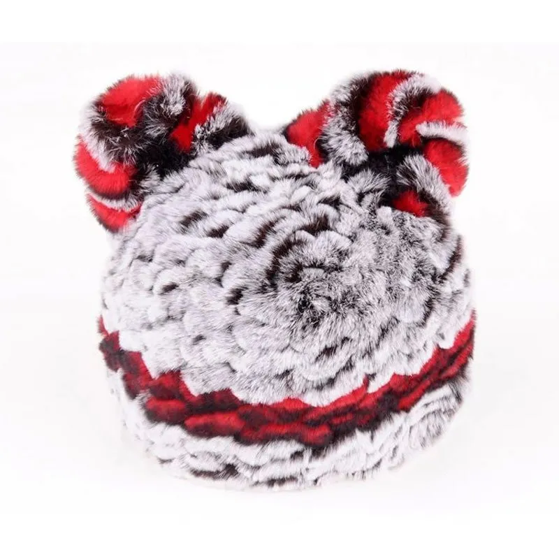 Winter Hat with Ear Flaps Knitted Real REX Rabbit Fur Hat Cute Cat Beanie Winter Fur Cap Headgear Head Warmer Headdress FS14613