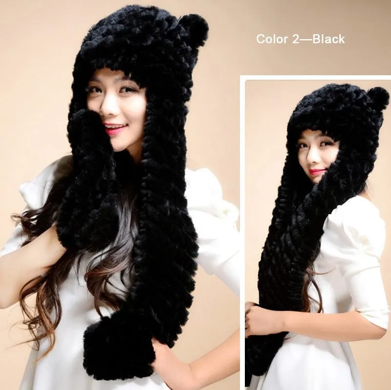 Winter Hats for Women with Ear Flaps Knitted Real REX Rabbit Fur Hat Multi-used Scarf Glove Cute Beanie Winter Fur Cap Headgear Head Warmer Headdress FS14611