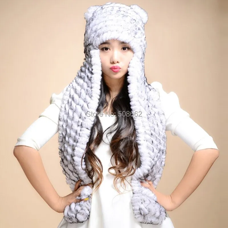 Winter Hats for Women with Ear Flaps Knitted Real REX Rabbit Fur Hat Multi-used Scarf Glove Cute Beanie Winter Fur Cap Headgear Head Warmer Headdress FS14611