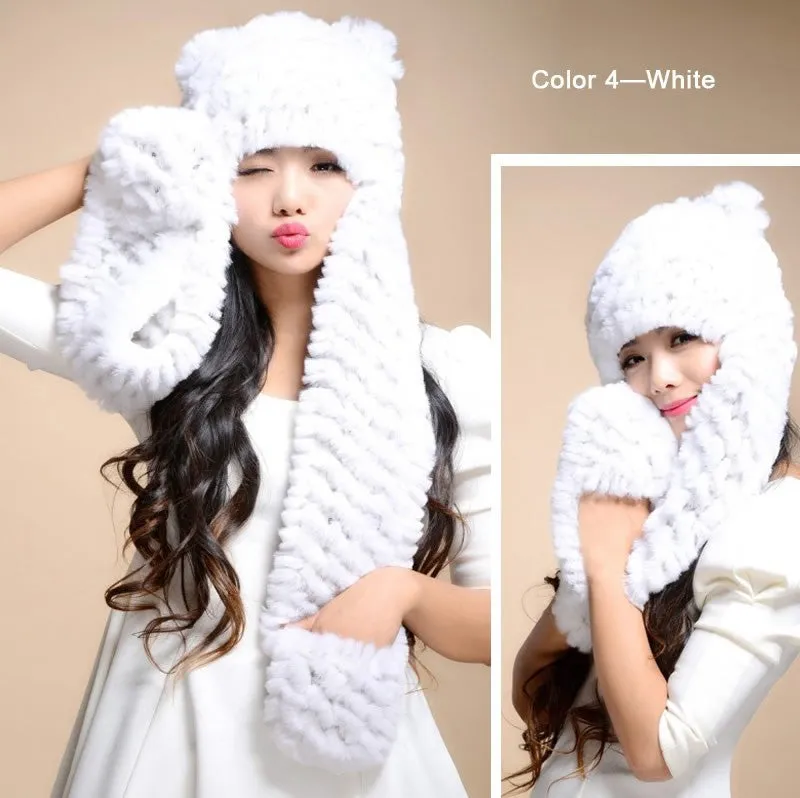Winter Hats for Women with Ear Flaps Knitted Real REX Rabbit Fur Hat Multi-used Scarf Glove Cute Beanie Winter Fur Cap Headgear Head Warmer Headdress FS14611