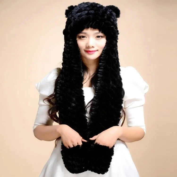 Winter Hats for Women with Ear Flaps Knitted Real REX Rabbit Fur Hat Multi-used Scarf Glove Cute Beanie Winter Fur Cap Headgear Head Warmer Headdress FS14611